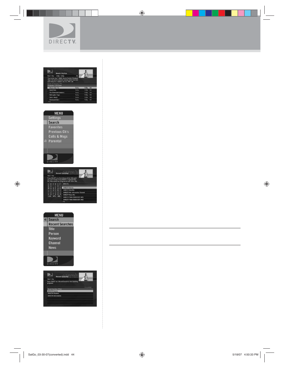 Using the menu, Pay per view, Search | DirecTV SAT GO User Manual | Page 45 / 65