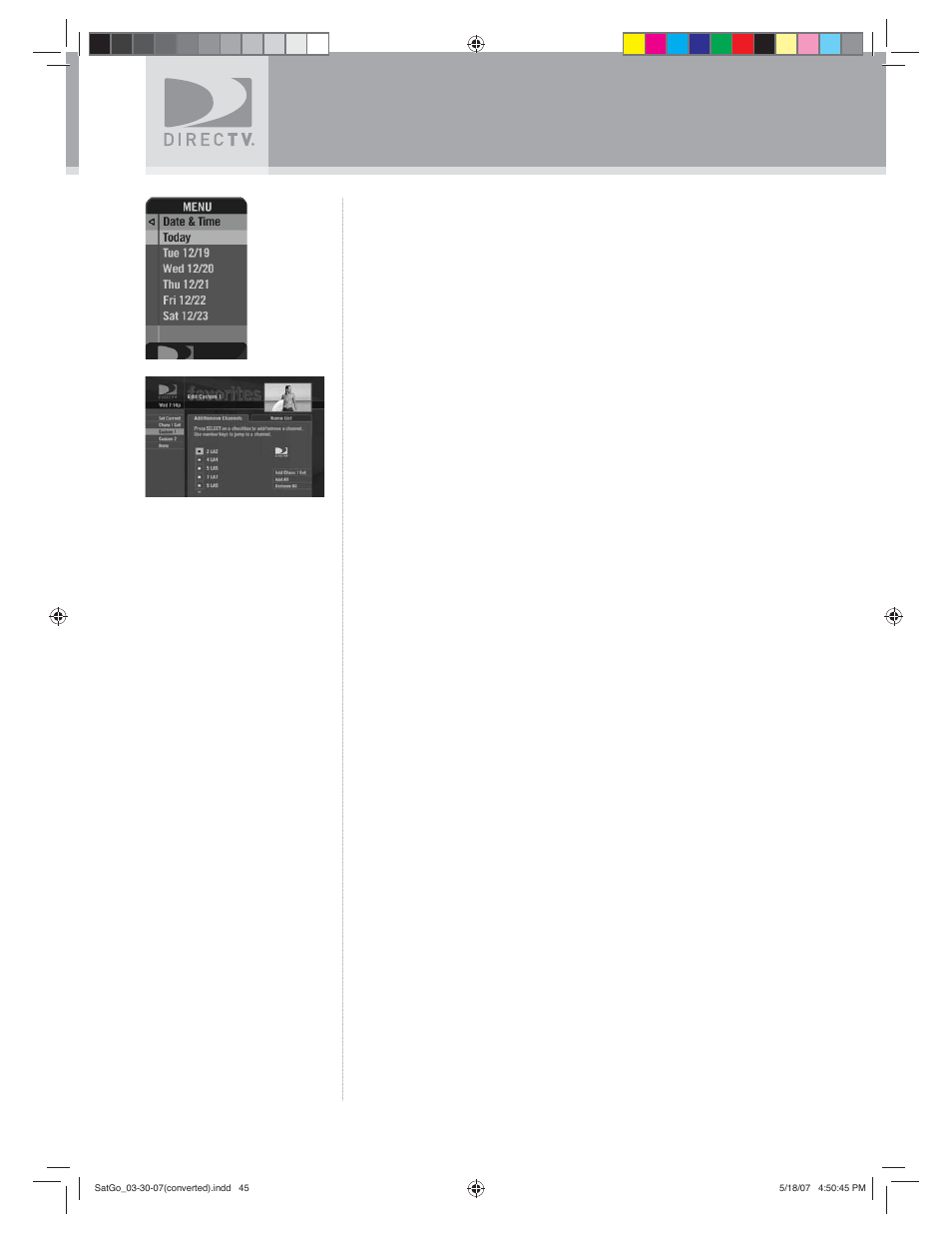 Using the menu, Date & time, Favorites | DirecTV SAT GO User Manual | Page 46 / 65
