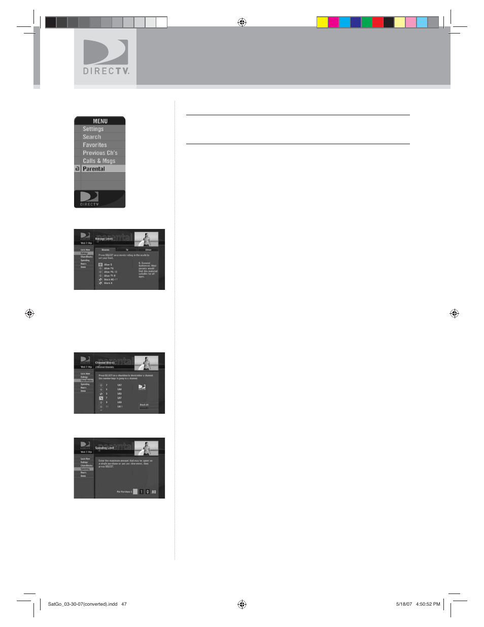 Using the menu, Parental controls | DirecTV SAT GO User Manual | Page 48 / 65