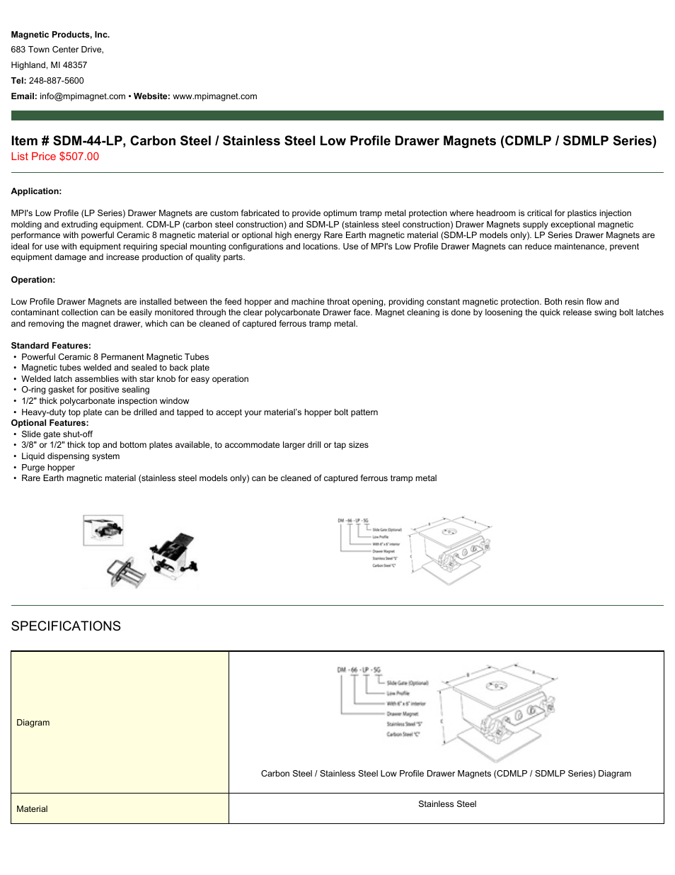 Magnetic Products SDM-44-LP User Manual | 2 pages