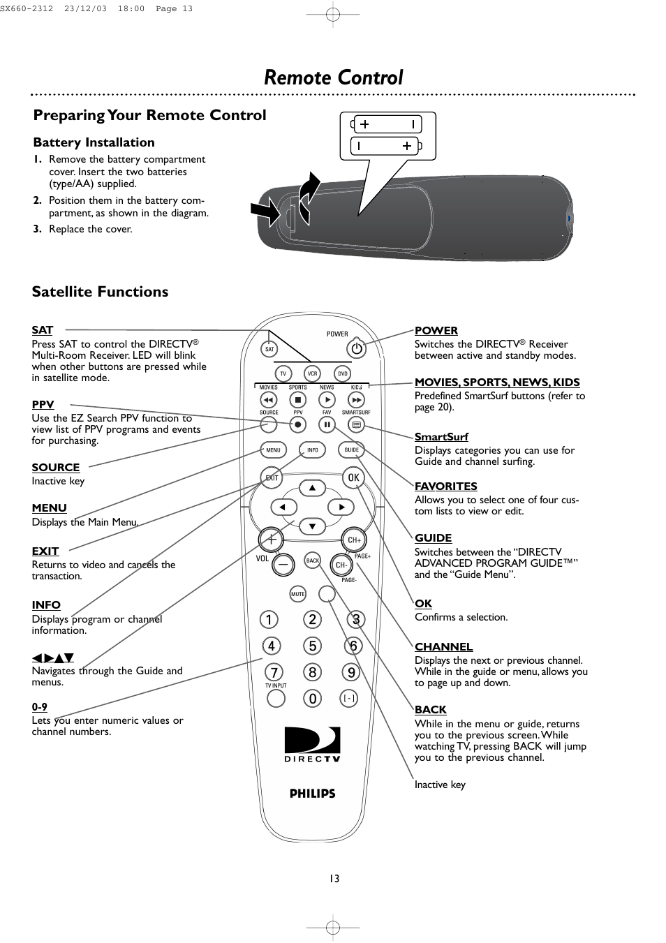 Remote control, Preparing your remote control satellite functions | DirecTV DSR 660 User Manual | Page 13 / 38