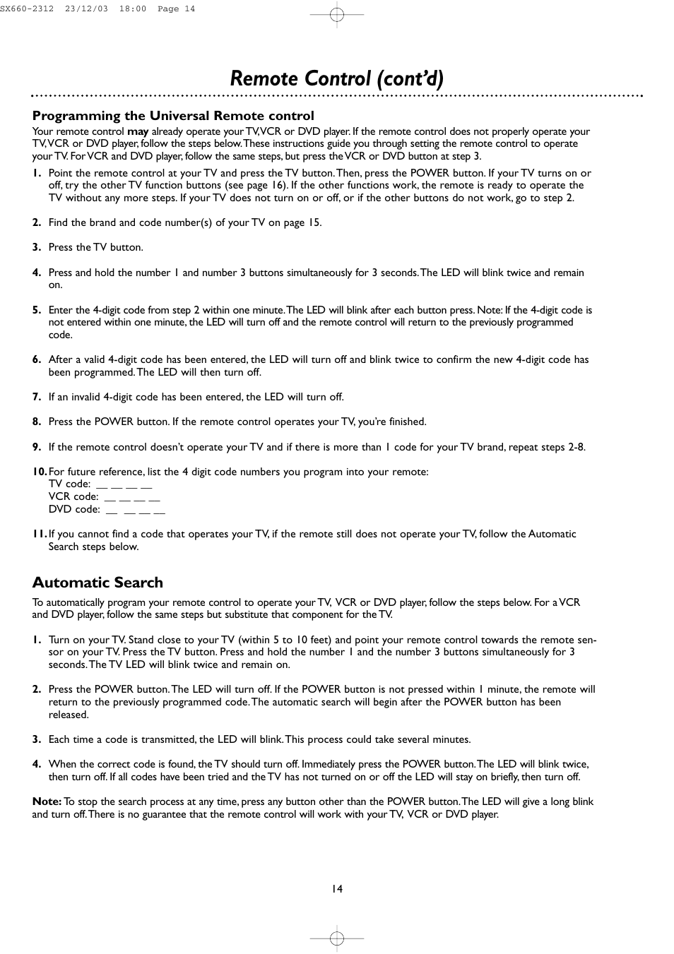 Remote control (cont’d), Automatic search | DirecTV DSR 660 User Manual | Page 14 / 38