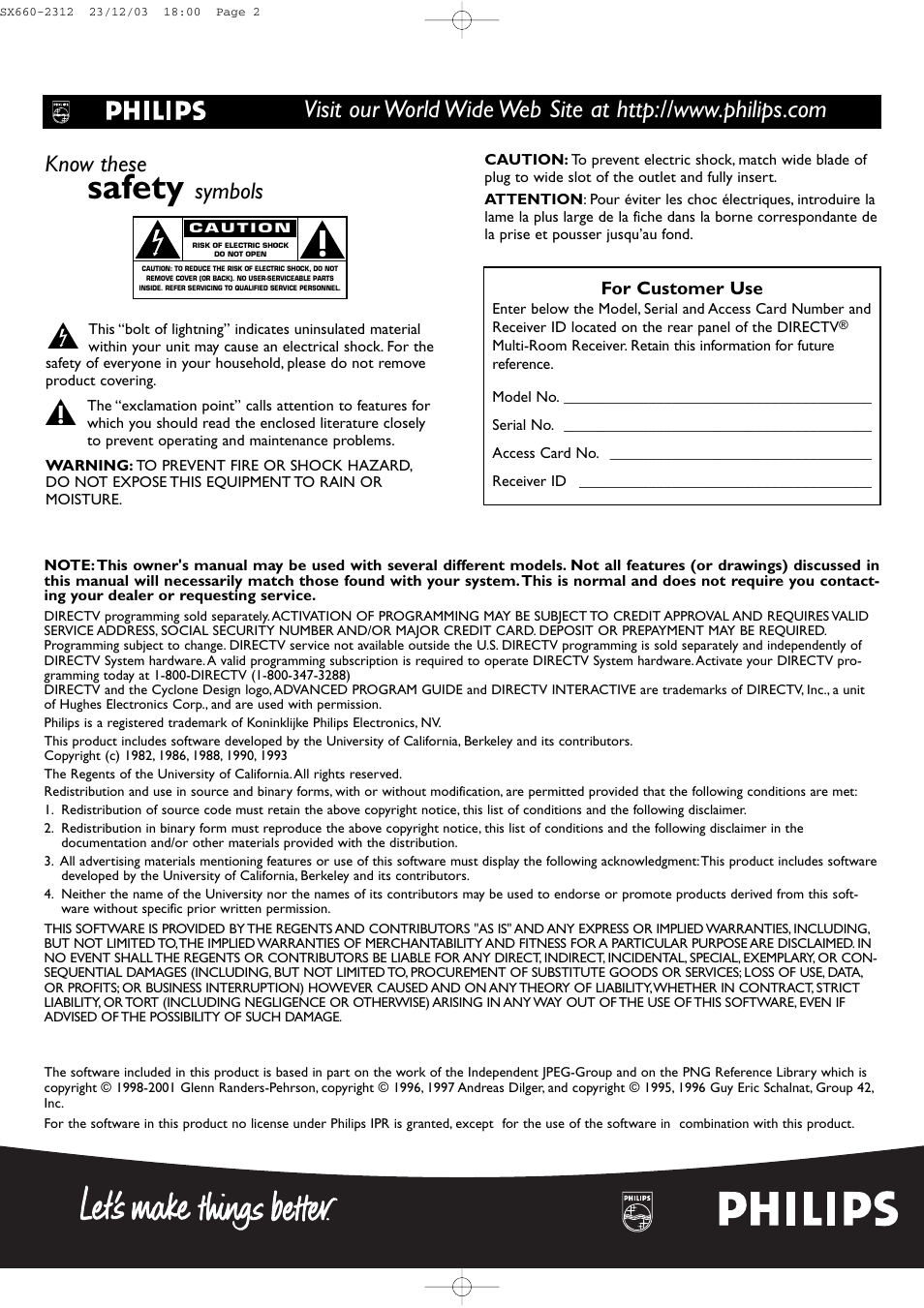 Safety, Know these, Symbols | DirecTV DSR 660 User Manual | Page 2 / 38