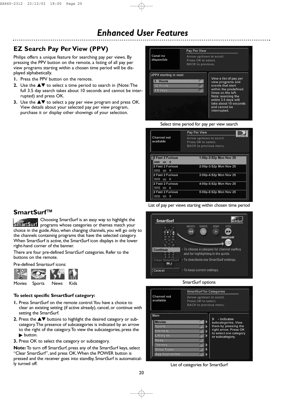 Enhanced user features, Smartsurf, Ez search pay per view (ppv) | DirecTV DSR 660 User Manual | Page 20 / 38