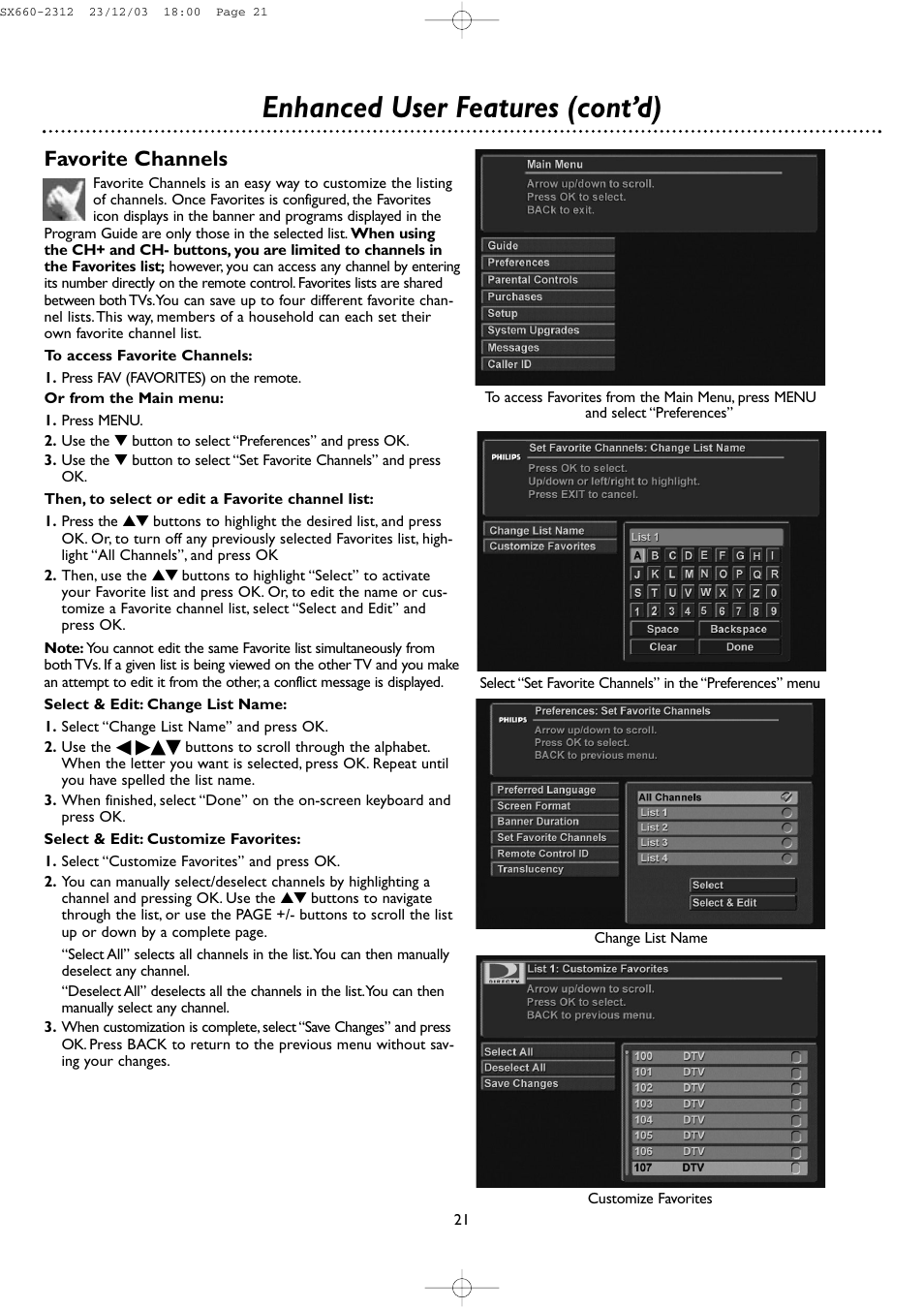 Enhanced user features (cont’d), Favorite channels | DirecTV DSR 660 User Manual | Page 21 / 38