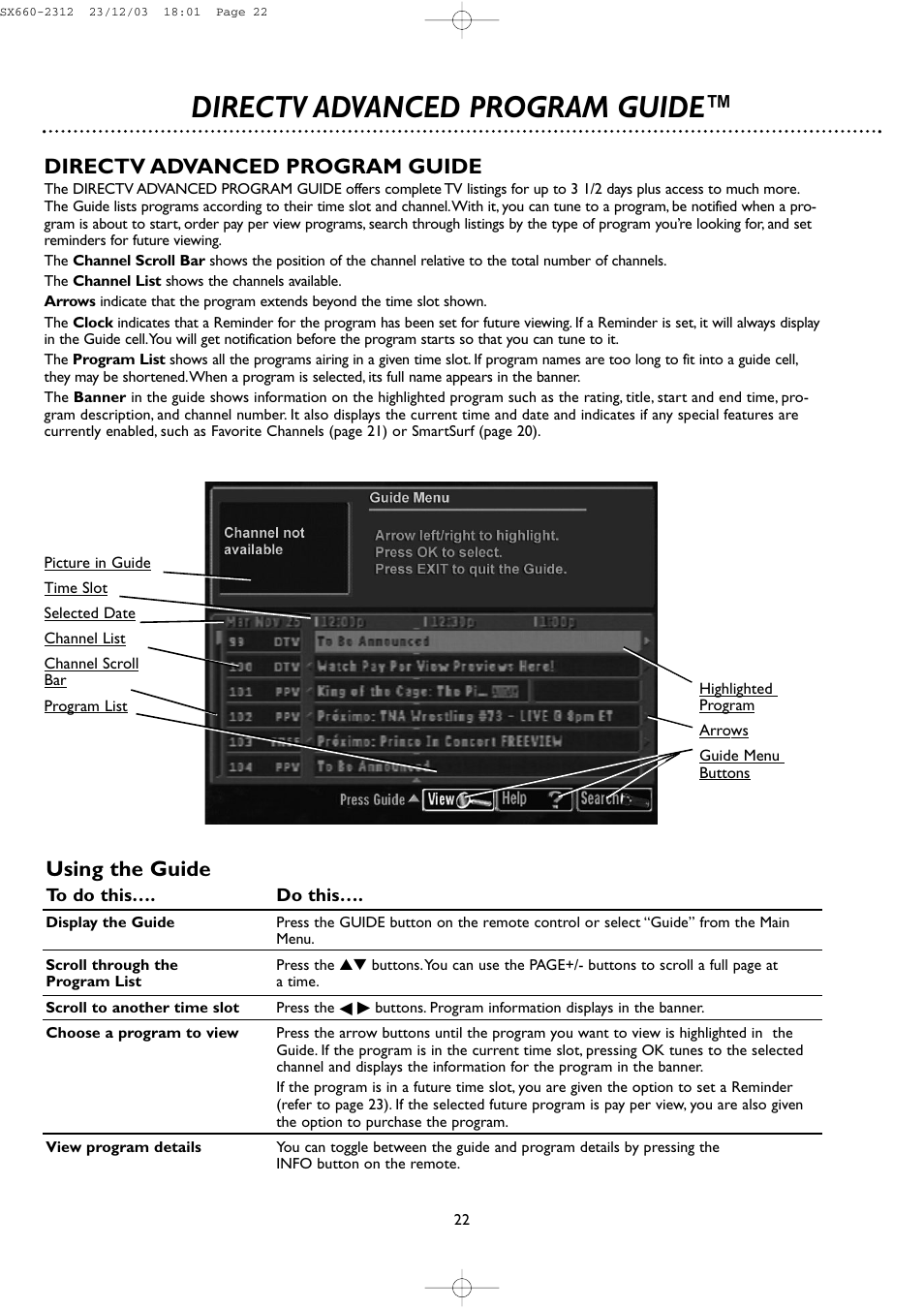 Directv advanced program guide, Using the guide | DirecTV DSR 660 User Manual | Page 22 / 38