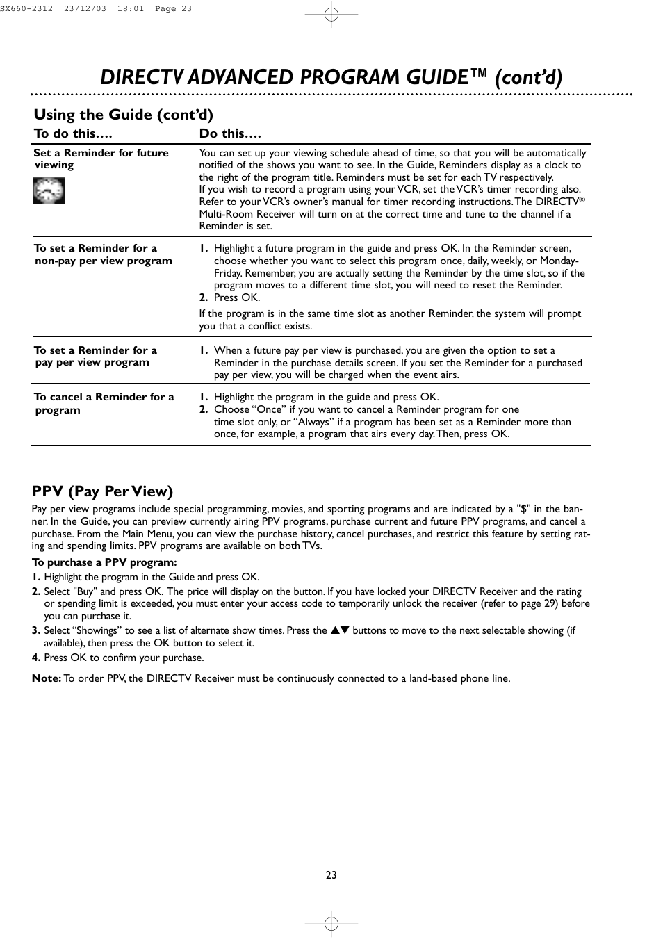 Directv advanced program guide™ (cont’d), Ppv (pay per view), Using the guide (cont’d) | DirecTV DSR 660 User Manual | Page 23 / 38