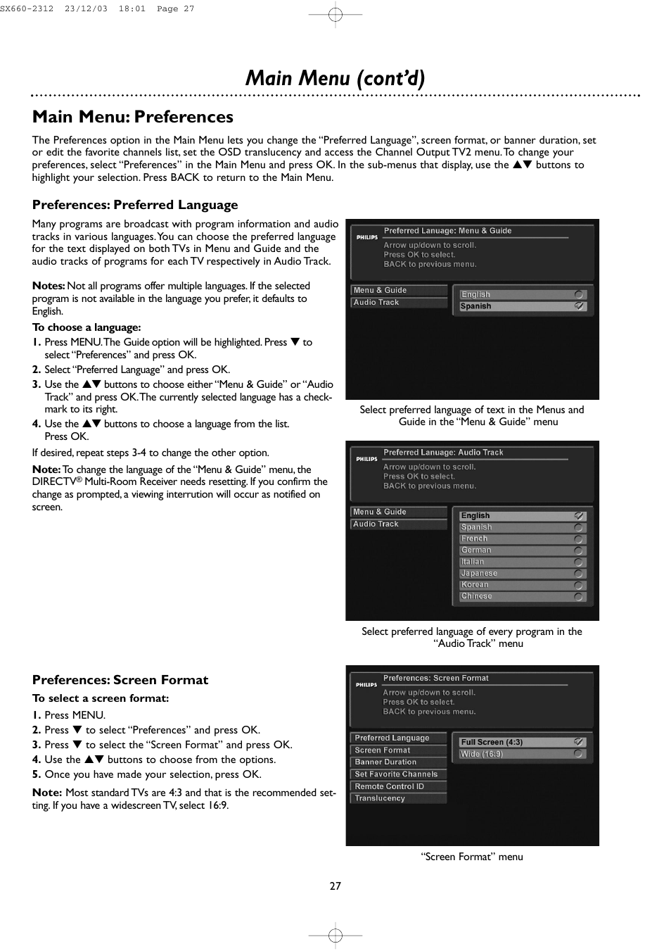 Main menu (cont’d), Main menu: preferences | DirecTV DSR 660 User Manual | Page 27 / 38