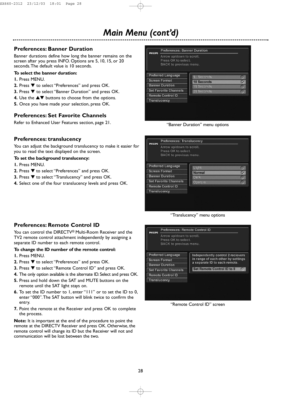 Main menu (cont’d) | DirecTV DSR 660 User Manual | Page 28 / 38