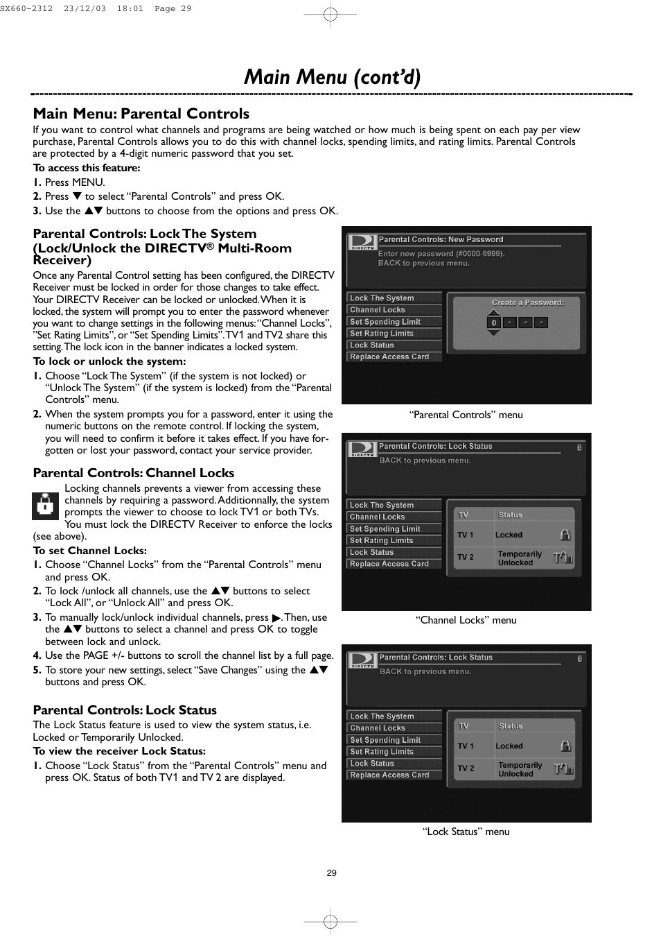 Main menu (cont’d), Main menu: parental controls | DirecTV DSR 660 User Manual | Page 29 / 38