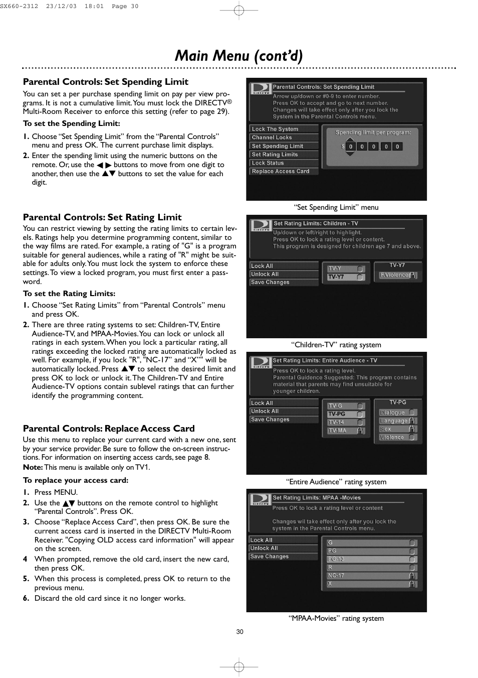 Main menu (cont’d) | DirecTV DSR 660 User Manual | Page 30 / 38