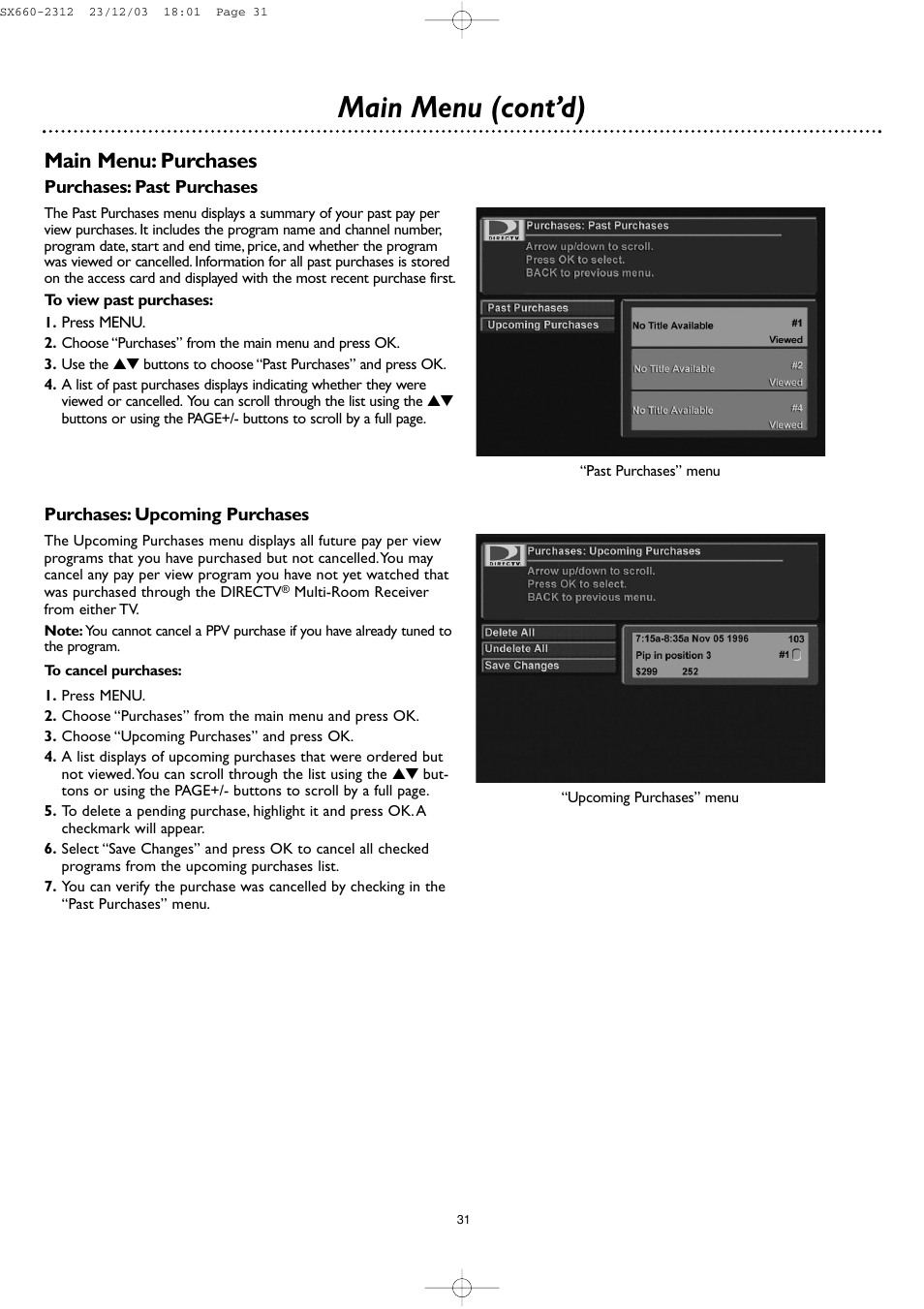 Main menu (cont’d), Main menu: purchases | DirecTV DSR 660 User Manual | Page 31 / 38