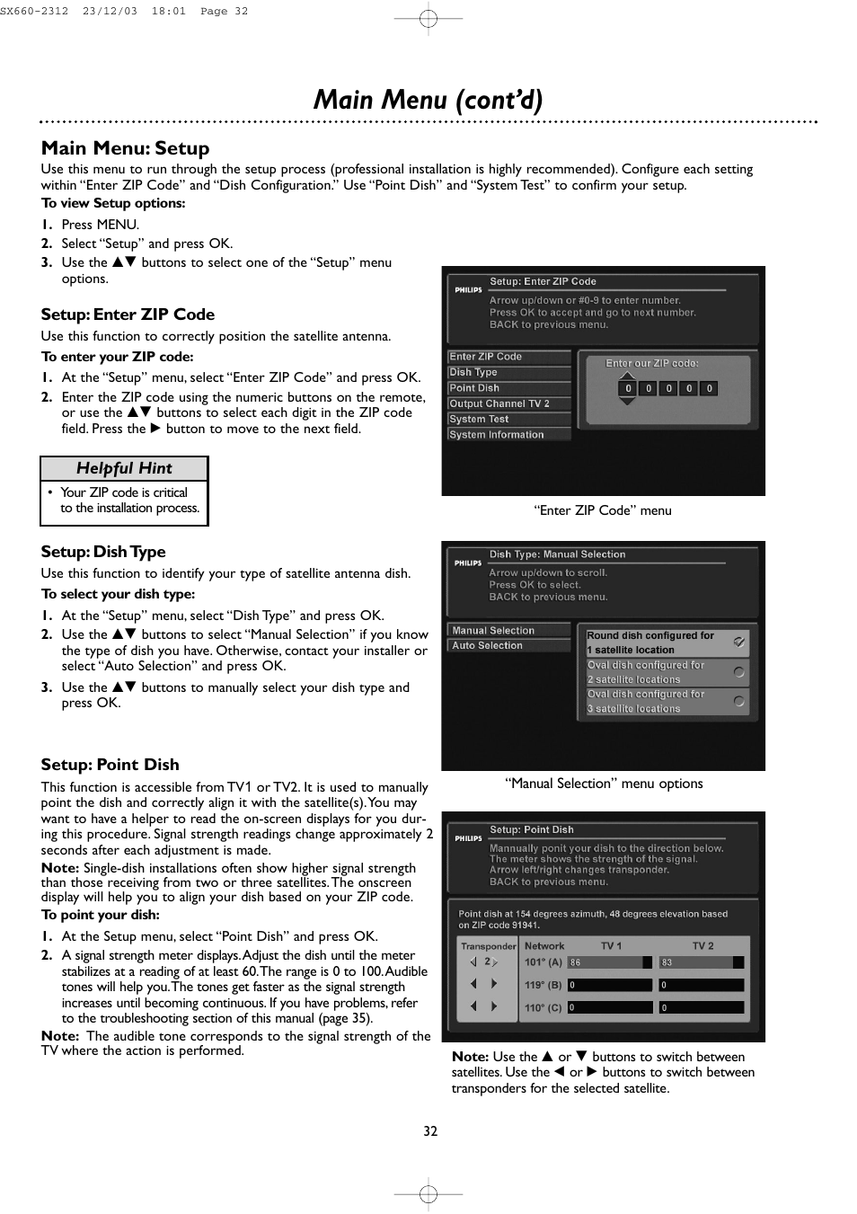Main menu (cont’d), Main menu: setup | DirecTV DSR 660 User Manual | Page 32 / 38