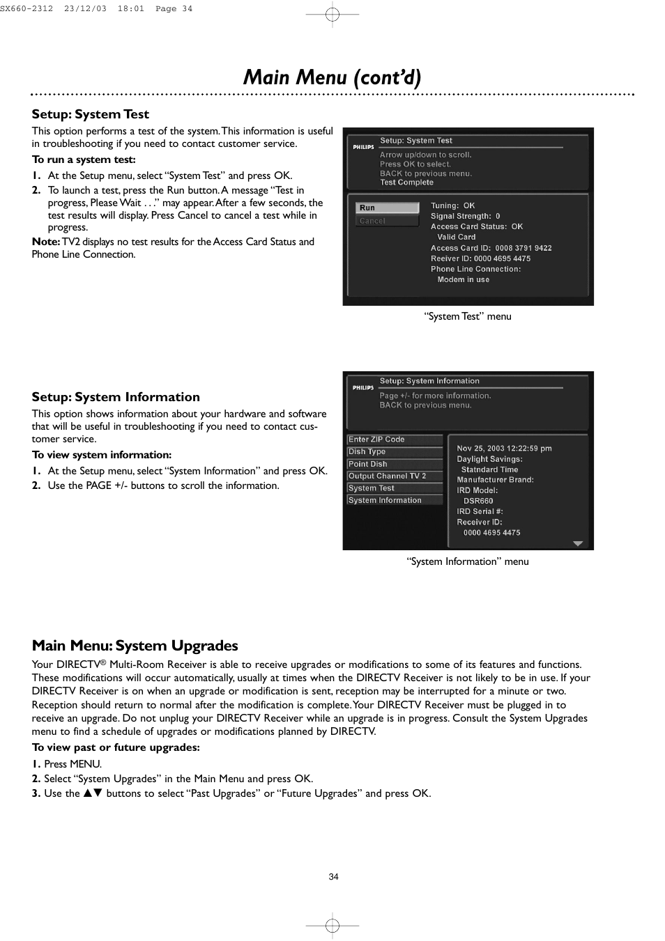 Main menu (cont’d), Main menu: system upgrades | DirecTV DSR 660 User Manual | Page 34 / 38