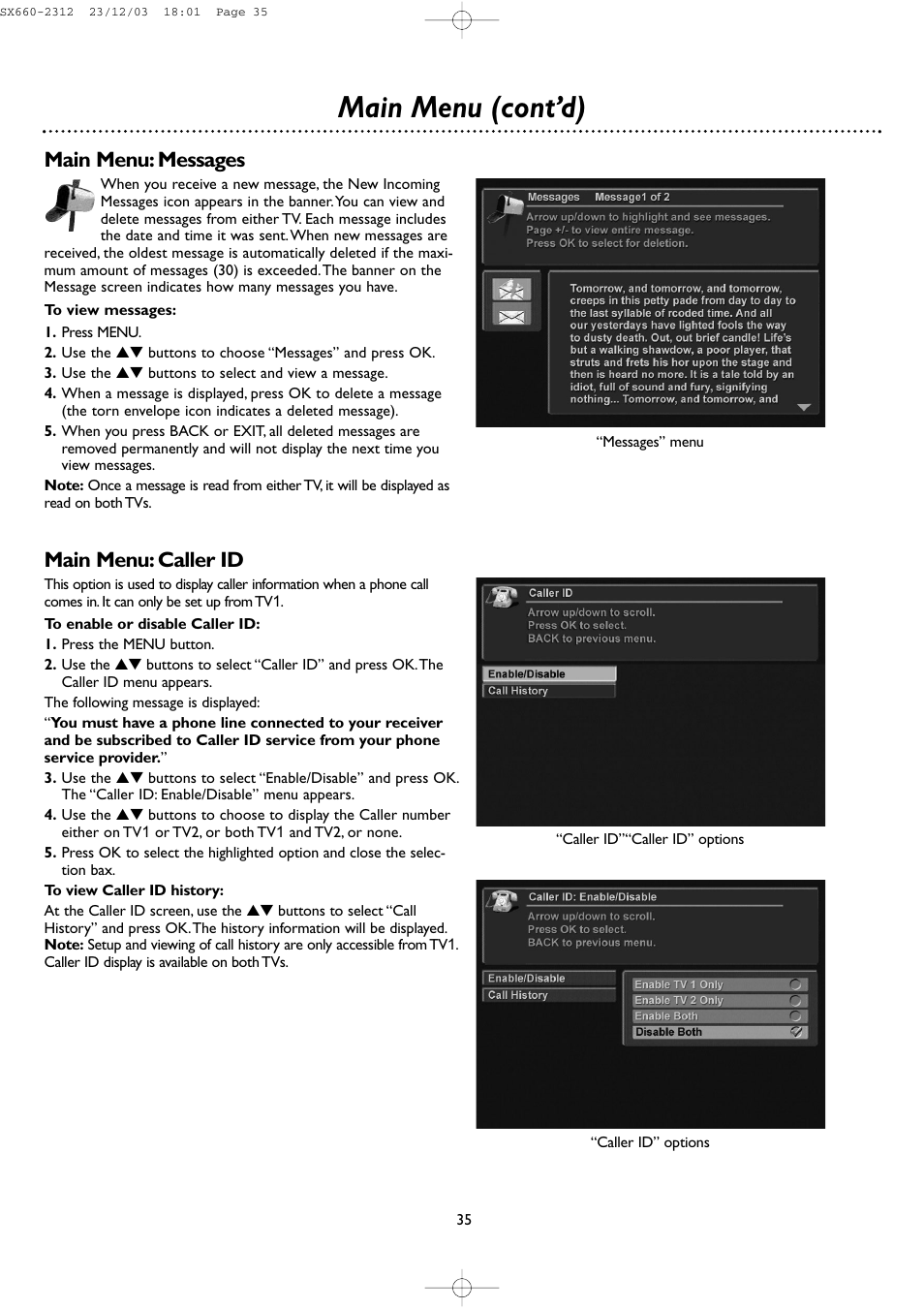 Main menu (cont’d), Main menu: messages, Main menu: caller id | DirecTV DSR 660 User Manual | Page 35 / 38