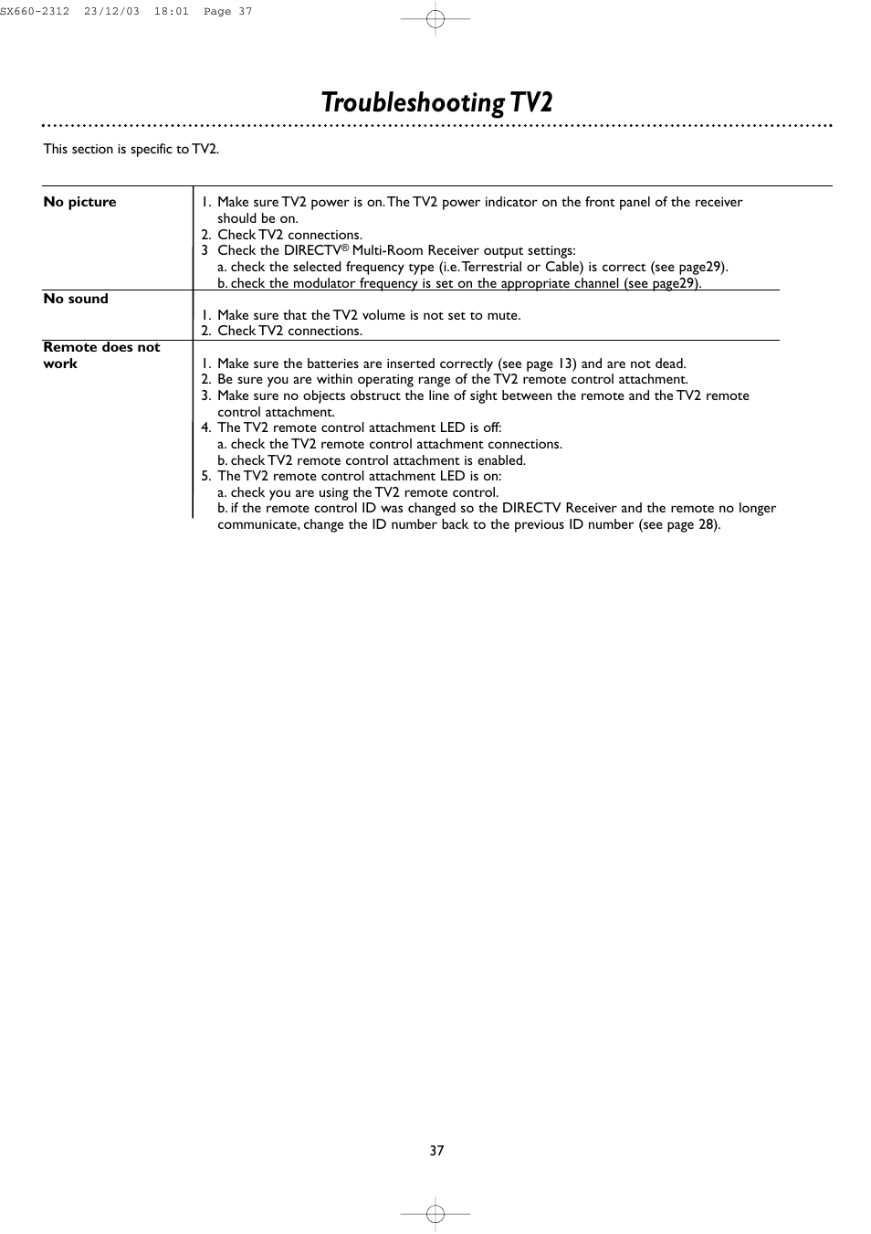 Troubleshooting tv2 | DirecTV DSR 660 User Manual | Page 37 / 38