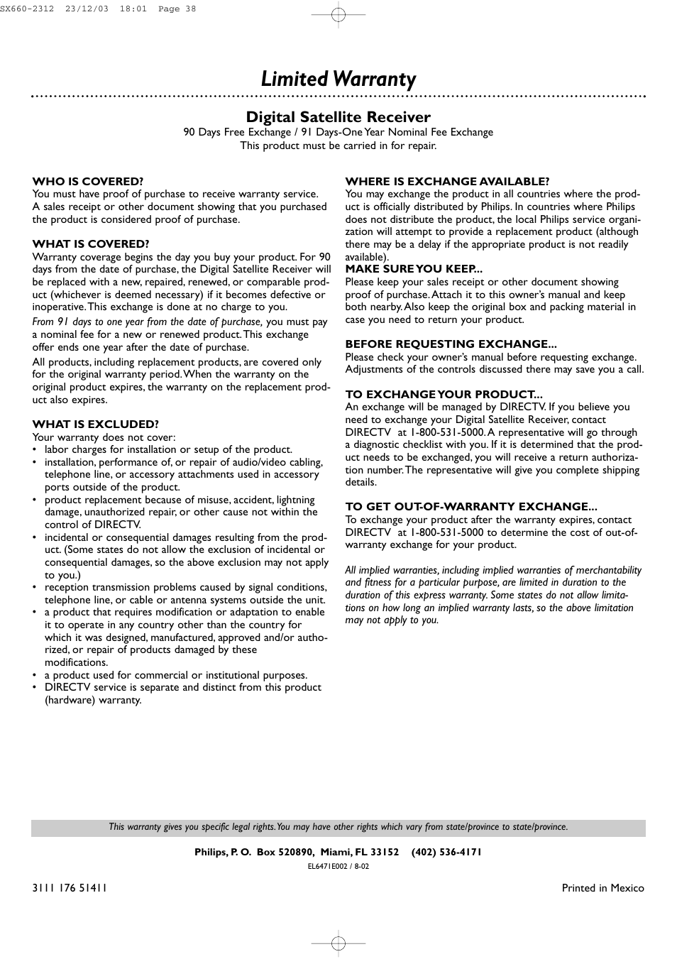 Limited warranty, Digital satellite receiver | DirecTV DSR 660 User Manual | Page 38 / 38
