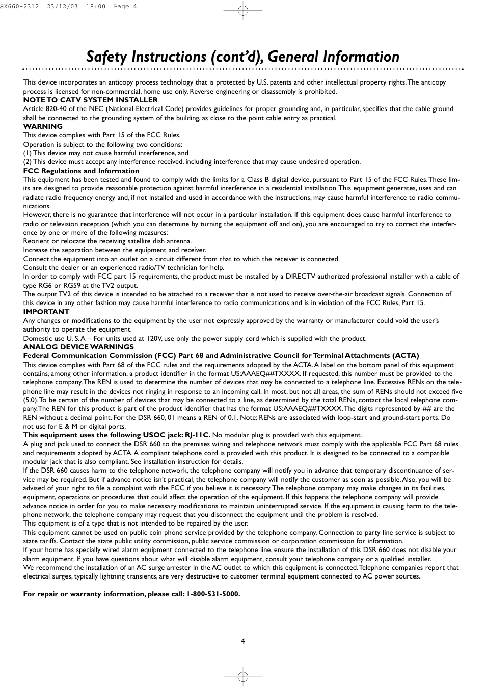Safety instructions (cont’d), general information | DirecTV DSR 660 User Manual | Page 4 / 38