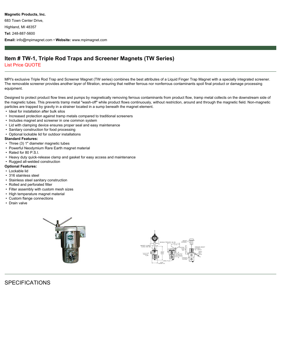 Magnetic Products TW-1 User Manual | 2 pages