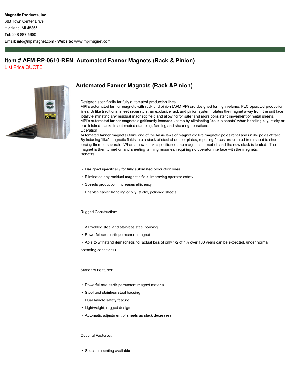 Magnetic Products AFM-RP-0610-REN User Manual | 2 pages