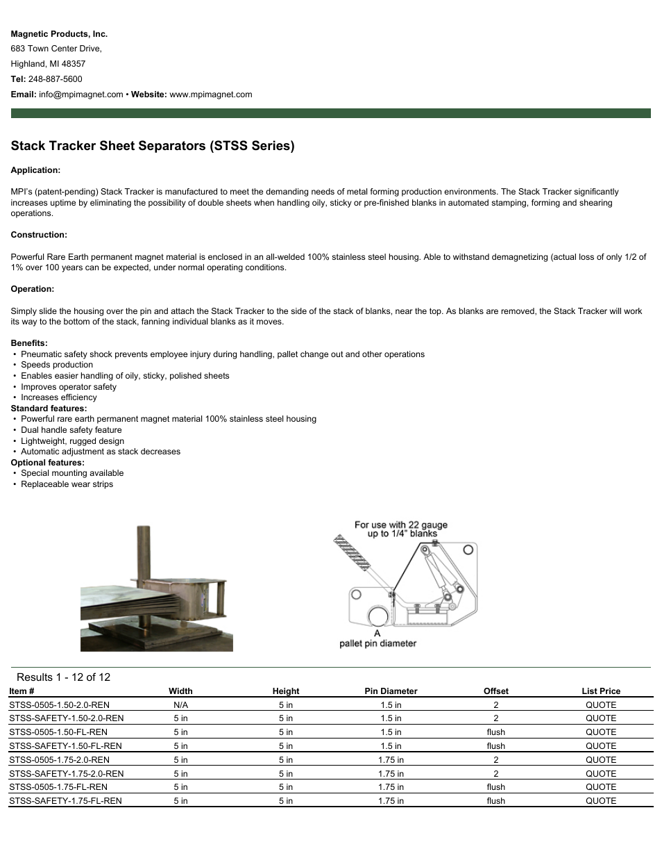 Magnetic Products STSS Series User Manual | 2 pages