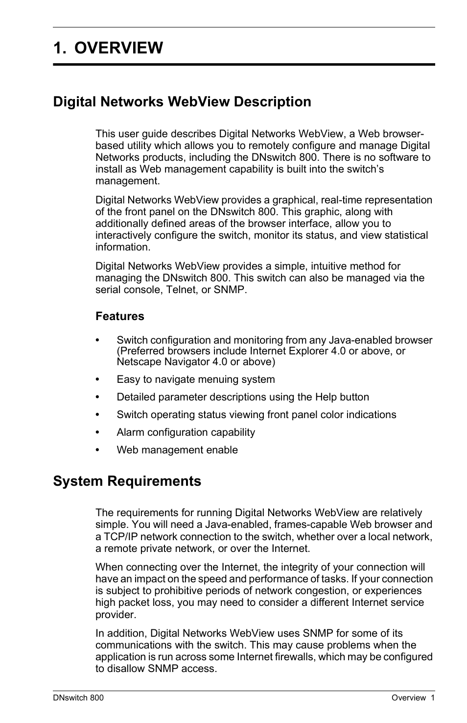 Overview, Digital networks webview description, Features | System requirements | Digital Networks North America DNswitch 800 User Manual | Page 11 / 68