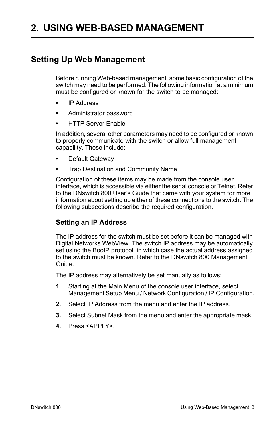 Using web-based management, Setting up web management, Setting an ip address | Digital Networks North America DNswitch 800 User Manual | Page 13 / 68