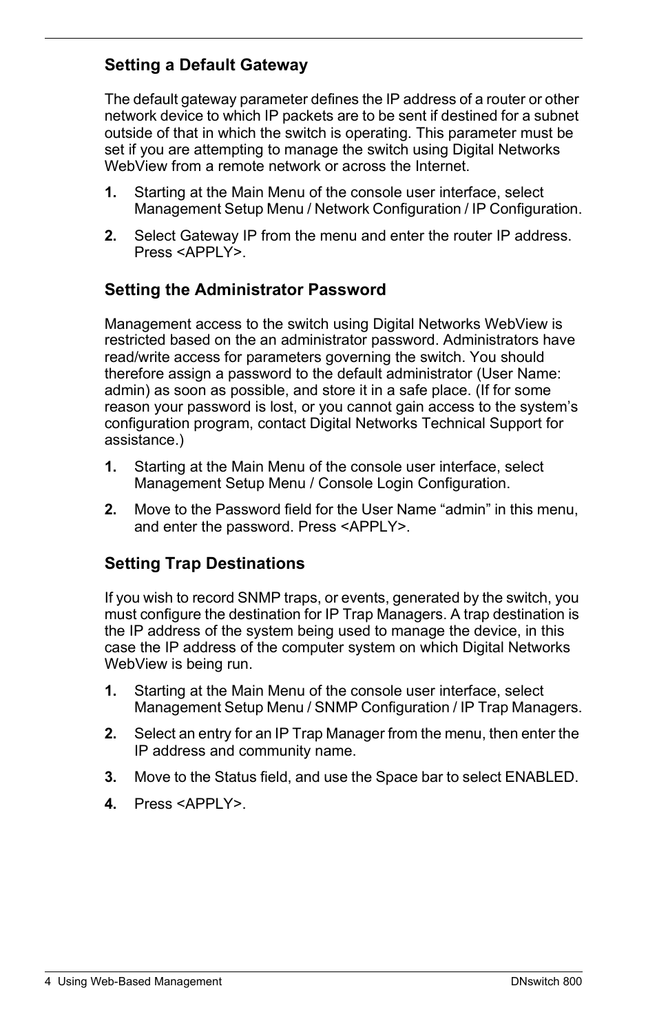 Setting a default gateway, Setting the administrator password, Setting trap destinations | Digital Networks North America DNswitch 800 User Manual | Page 14 / 68