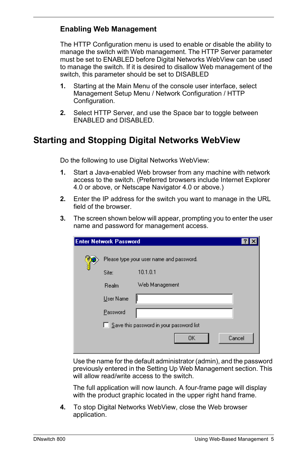 Enabling web management, Starting and stopping digital networks webview | Digital Networks North America DNswitch 800 User Manual | Page 15 / 68