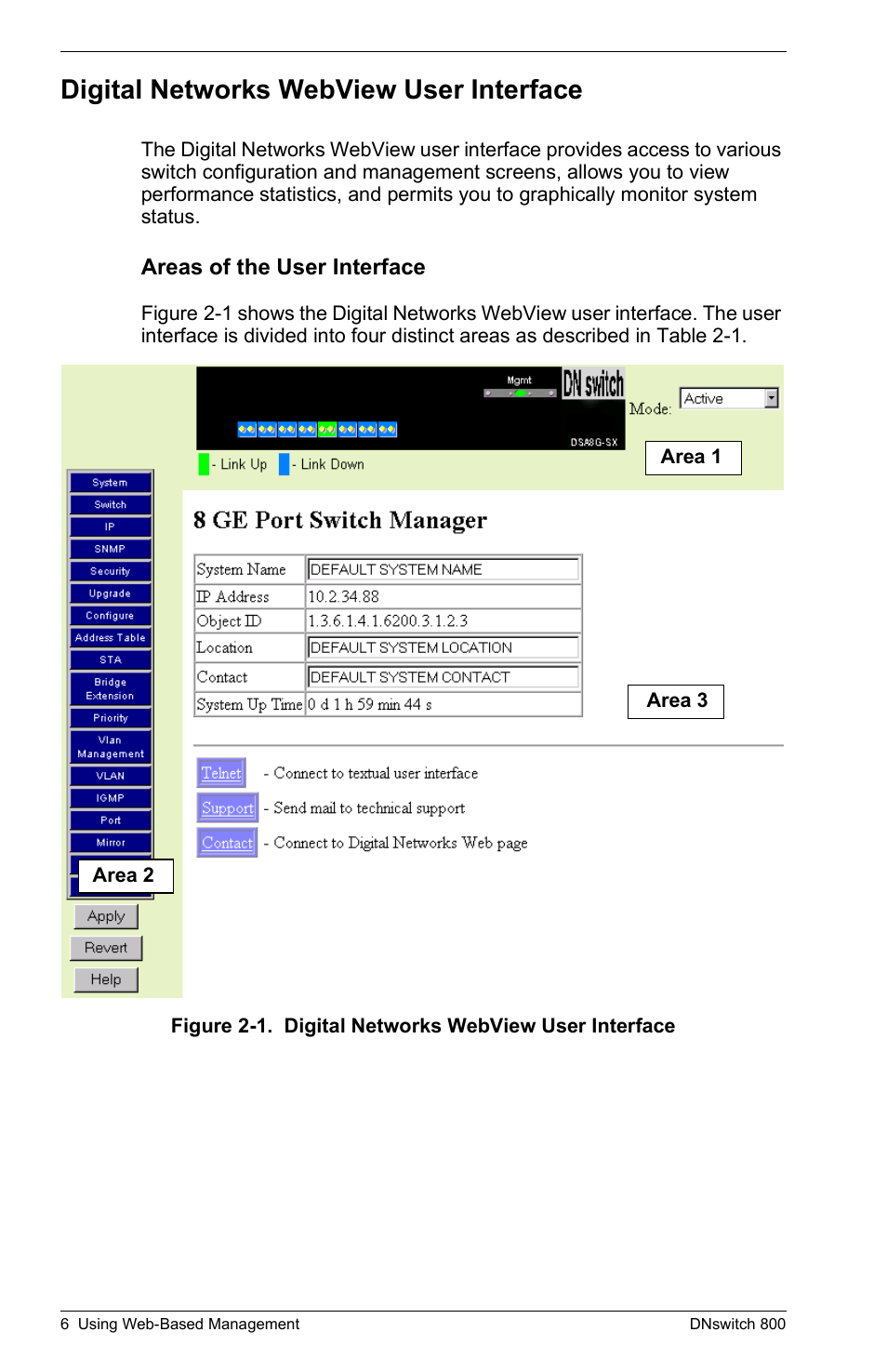 Digital networks webview user interface, Areas of the user interface | Digital Networks North America DNswitch 800 User Manual | Page 16 / 68