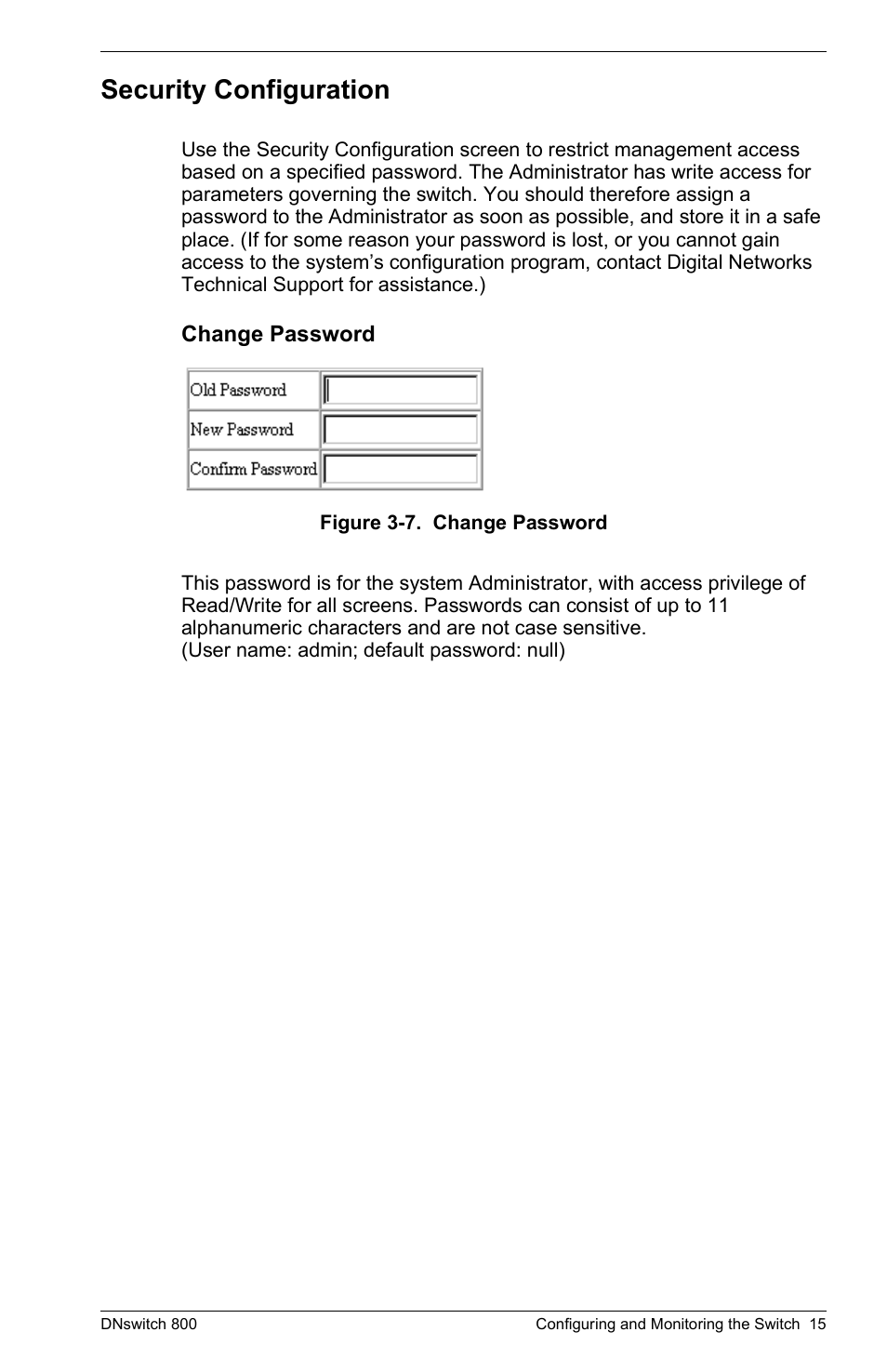 Security configuration, Change password | Digital Networks North America DNswitch 800 User Manual | Page 25 / 68