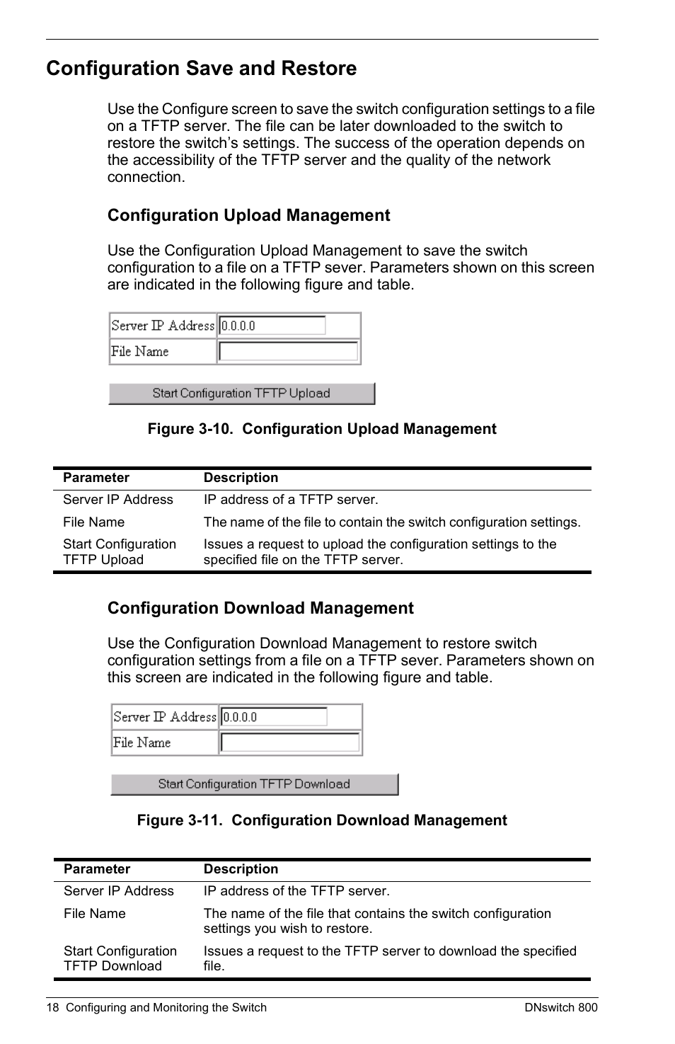 Configuration save and restore, Configuration upload management, Configuration download management | Digital Networks North America DNswitch 800 User Manual | Page 28 / 68