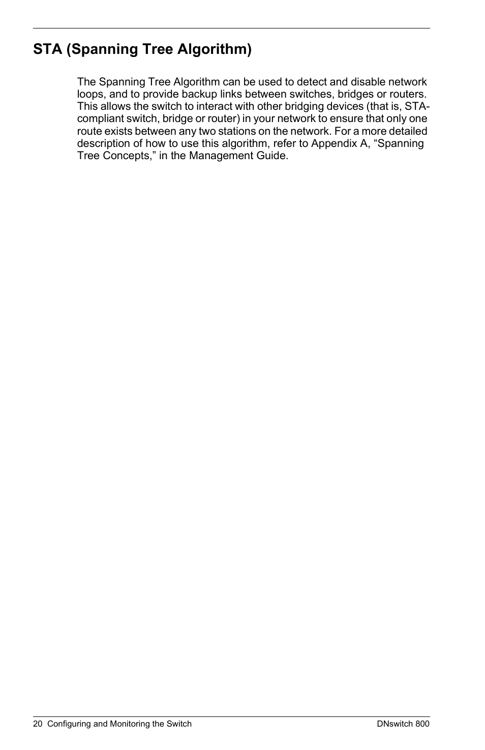 Sta (spanning tree algorithm) | Digital Networks North America DNswitch 800 User Manual | Page 30 / 68