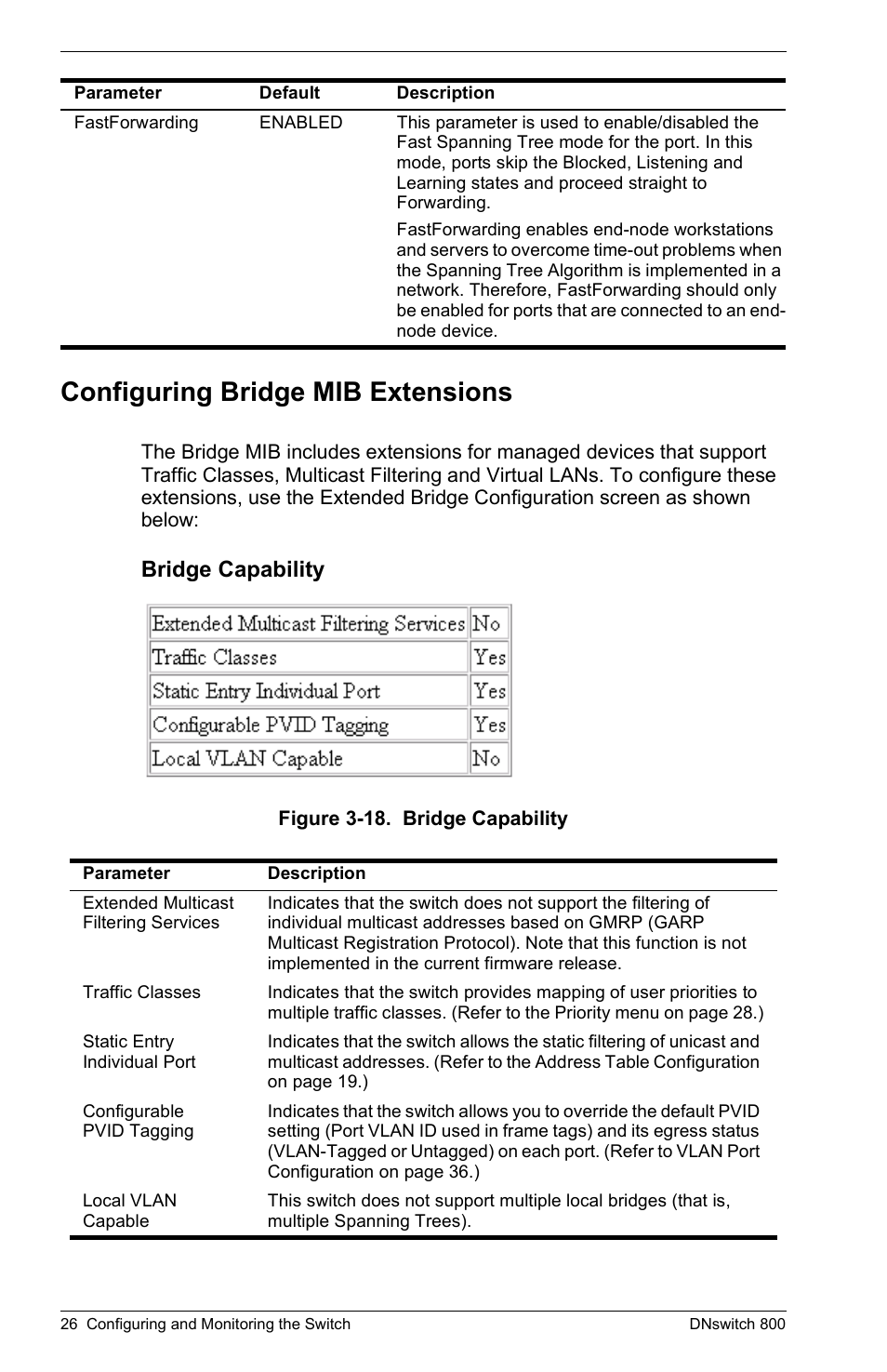 Configuring bridge mib extensions, Bridge capability | Digital Networks North America DNswitch 800 User Manual | Page 36 / 68