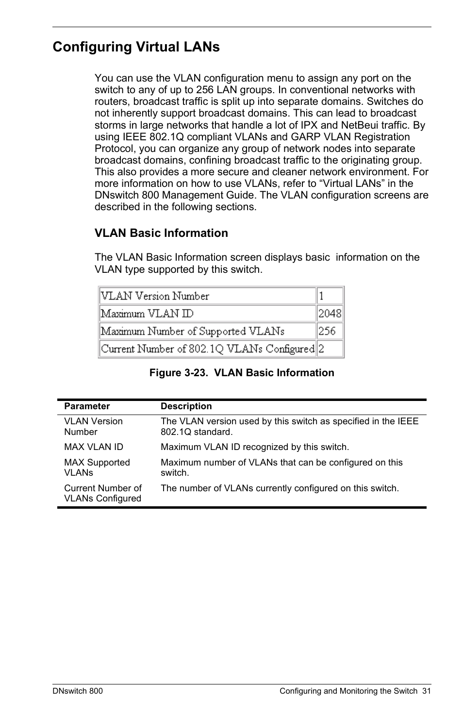 Configuring virtual lans, Vlan basic information | Digital Networks North America DNswitch 800 User Manual | Page 41 / 68