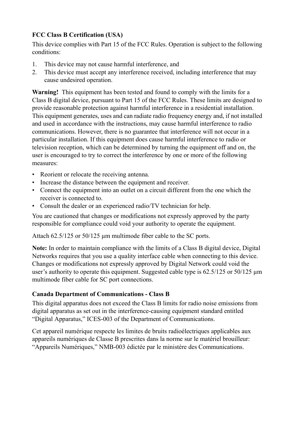 Fcc class b certification (usa), Canada department of communications - class b | Digital Networks North America DNswitch 800 User Manual | Page 5 / 68