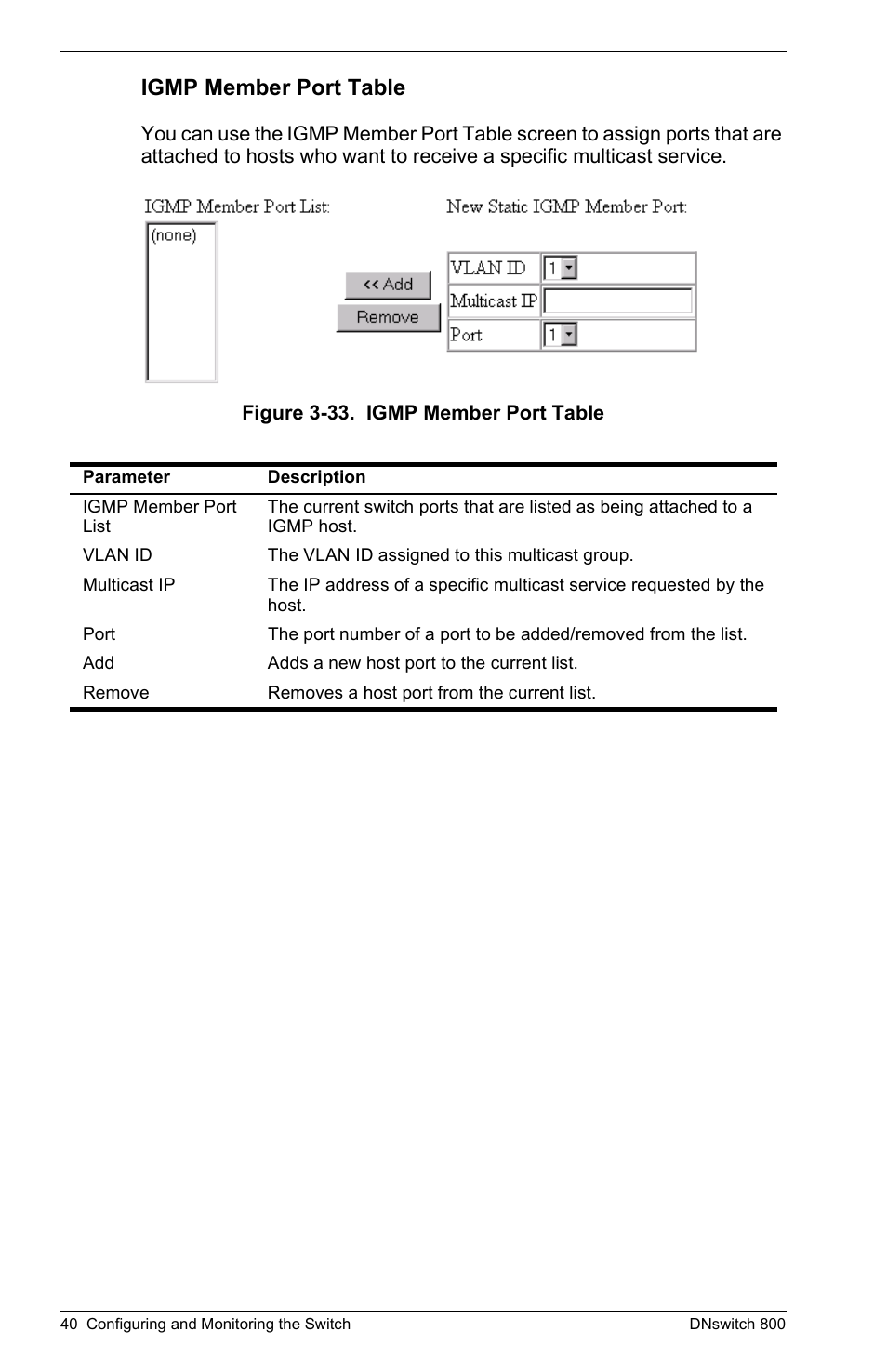 Igmp member port table | Digital Networks North America DNswitch 800 User Manual | Page 50 / 68