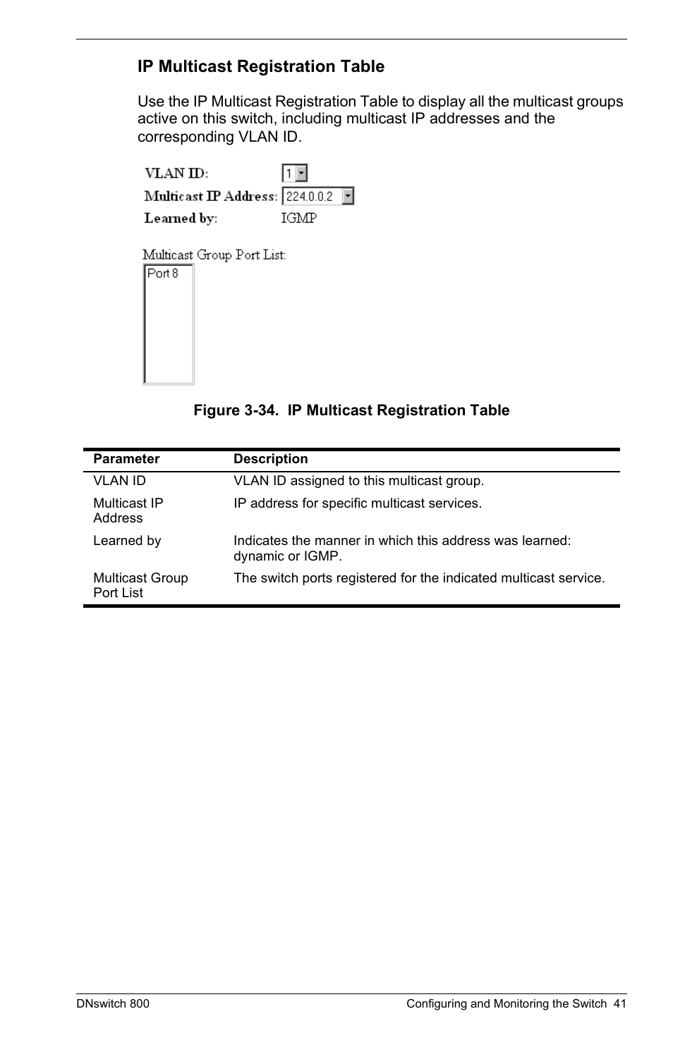 Ip multicast registration table | Digital Networks North America DNswitch 800 User Manual | Page 51 / 68