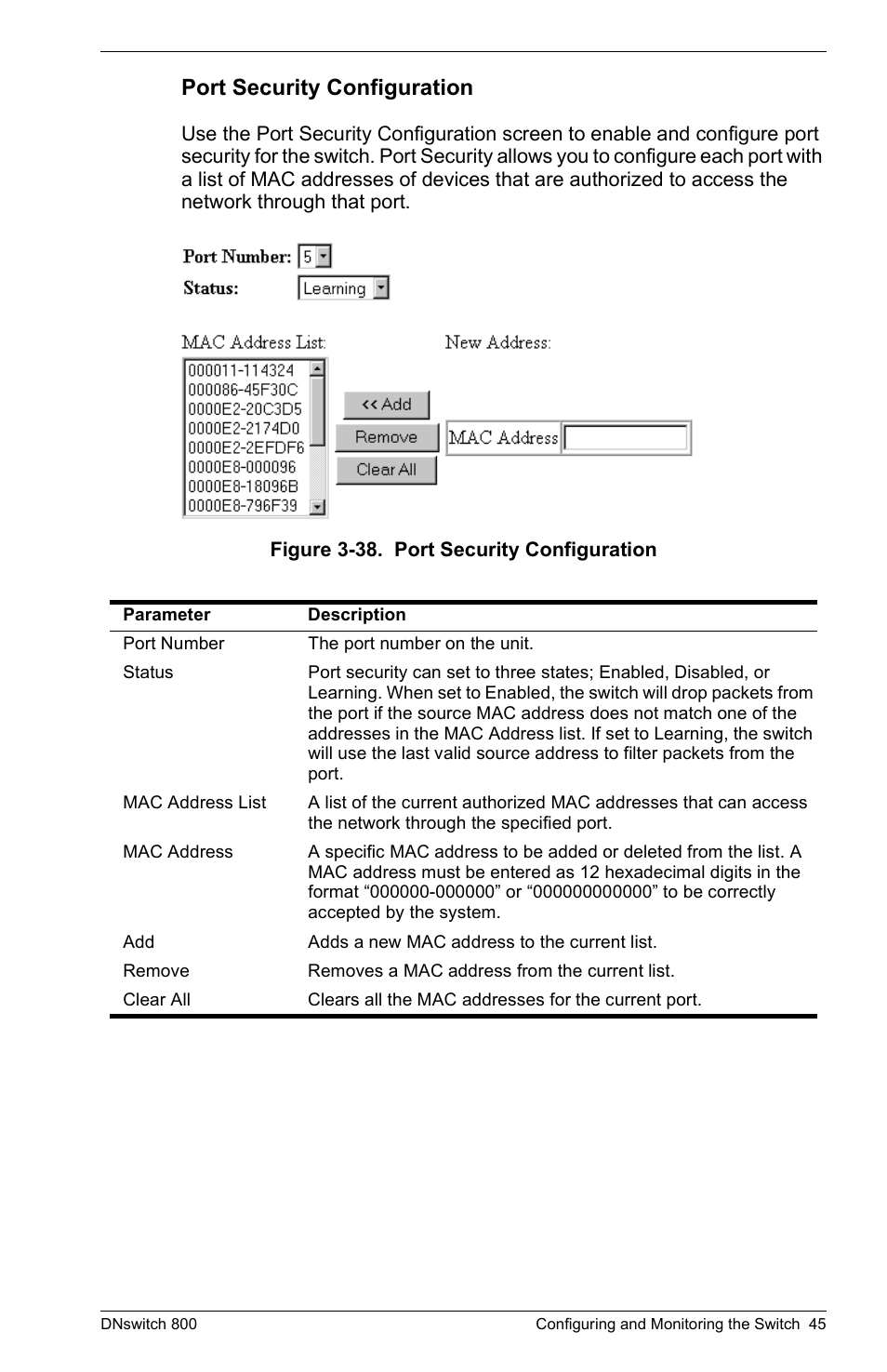 Port security configuration | Digital Networks North America DNswitch 800 User Manual | Page 55 / 68