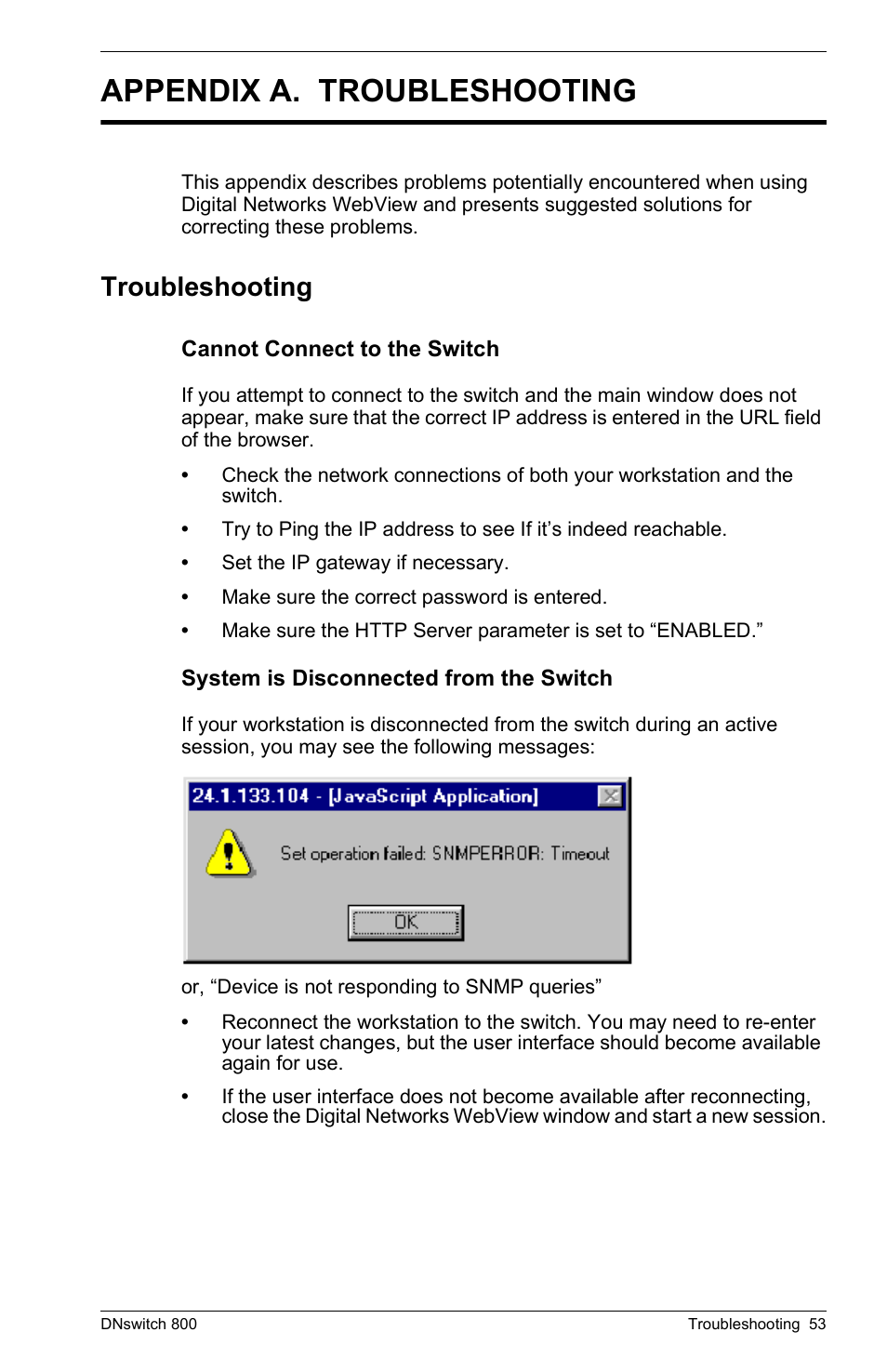 Appendix a. troubleshooting, Troubleshooting, Cannot connect to the switch | System is disconnected from the switch | Digital Networks North America DNswitch 800 User Manual | Page 63 / 68