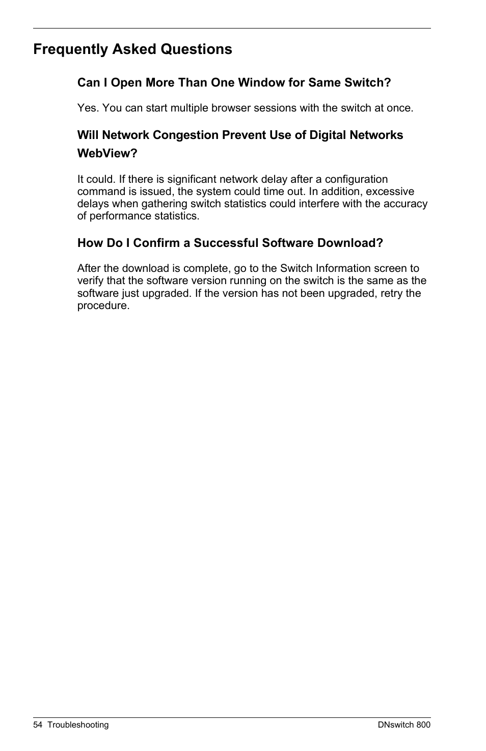 Frequently asked questions, Can i open more than one window for same switch, How do i confirm a successful software download | Digital networks webview | Digital Networks North America DNswitch 800 User Manual | Page 64 / 68