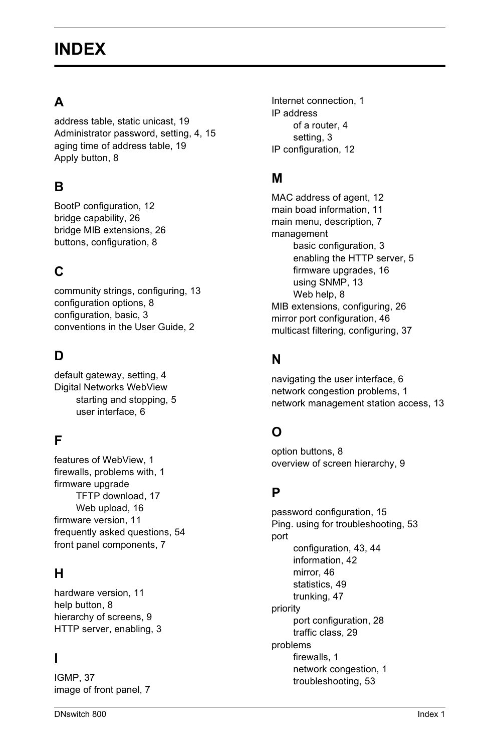 Index | Digital Networks North America DNswitch 800 User Manual | Page 65 / 68