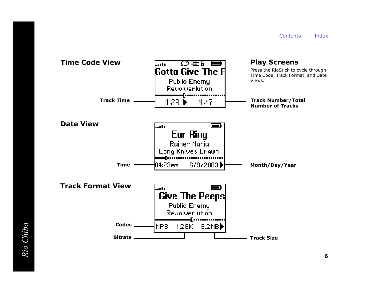 Play screens, Date view, Time code view | Track format view, Rio chiba | Digital Networks North America Rio Chiba User Manual | Page 10 / 59