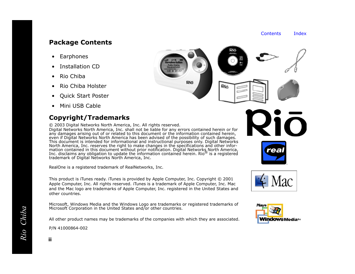 Package contents, Copyright/trademarks, Rio chiba | Package contents copyright/trademarks | Digital Networks North America Rio Chiba User Manual | Page 2 / 59