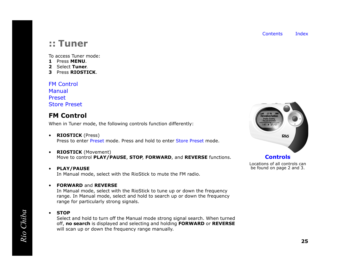 Tuner, 1 press menu, 2 select tuner | 3 press riostick, Fm control, Rio chiba | Digital Networks North America Rio Chiba User Manual | Page 29 / 59