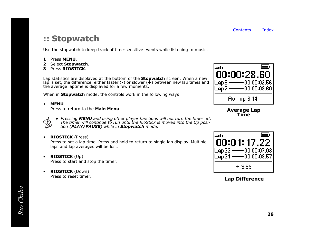 Stopwatch, 1 press menu, 2 select stopwatch | 3 press riostick, Rio chiba | Digital Networks North America Rio Chiba User Manual | Page 32 / 59