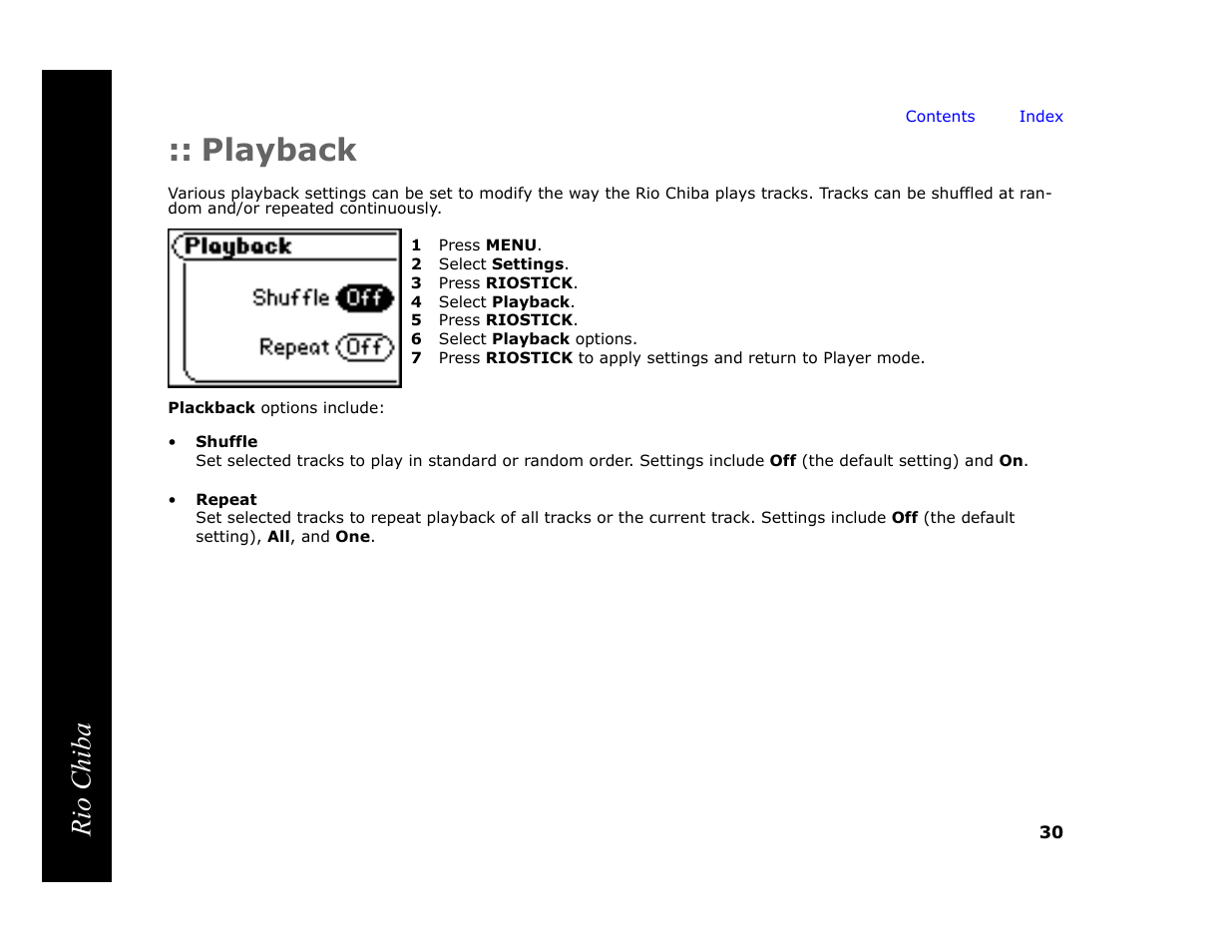 Playback, 1 press menu, 2 select settings | 3 press riostick, 4 select playback, 5 press riostick, 6 select playback options, Rio chiba | Digital Networks North America Rio Chiba User Manual | Page 34 / 59