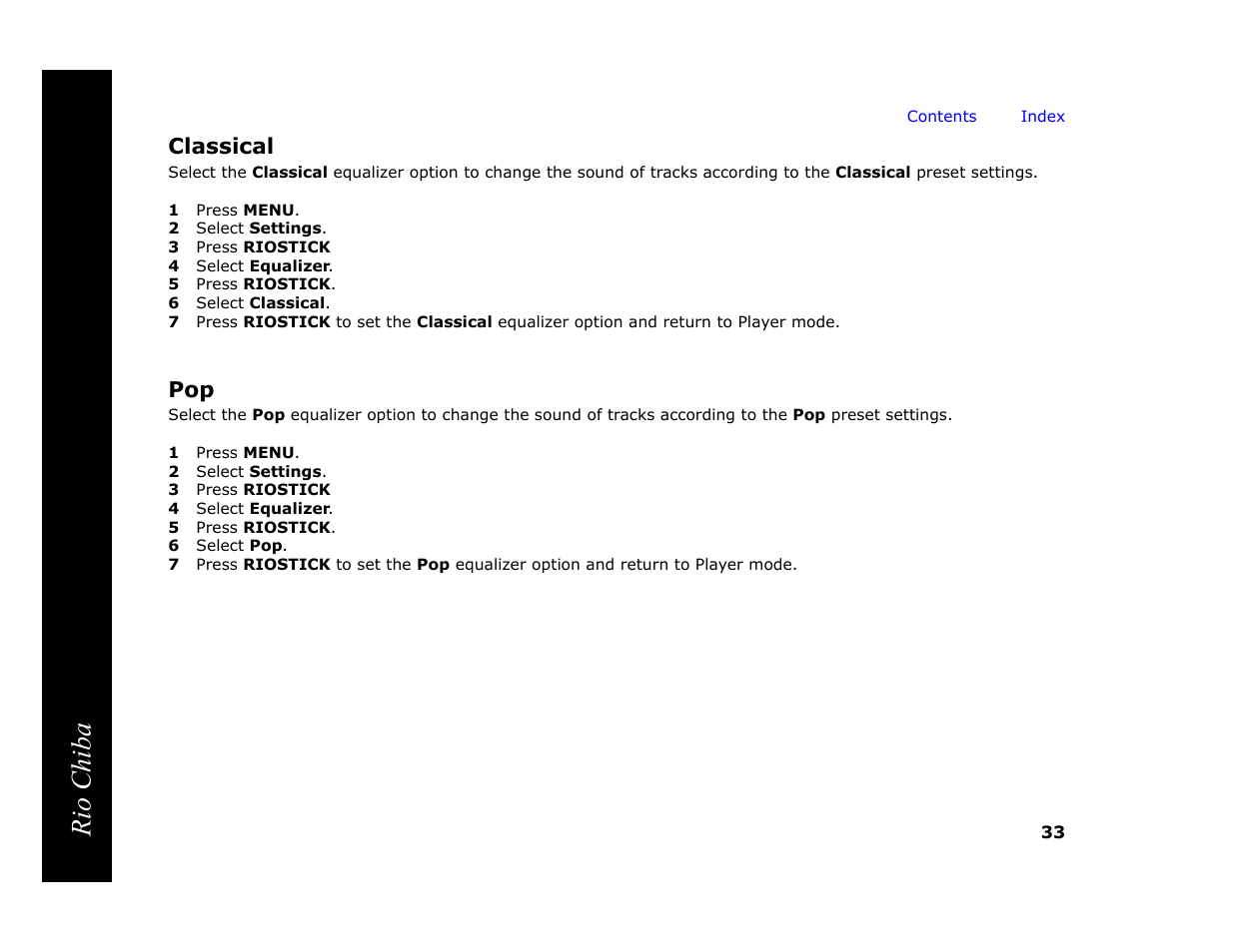 Classical, 1 press menu, 2 select settings | 3 press riostick, 4 select equalizer, 5 press riostick, 6 select classical, 6 select pop, Rio chiba | Digital Networks North America Rio Chiba User Manual | Page 37 / 59