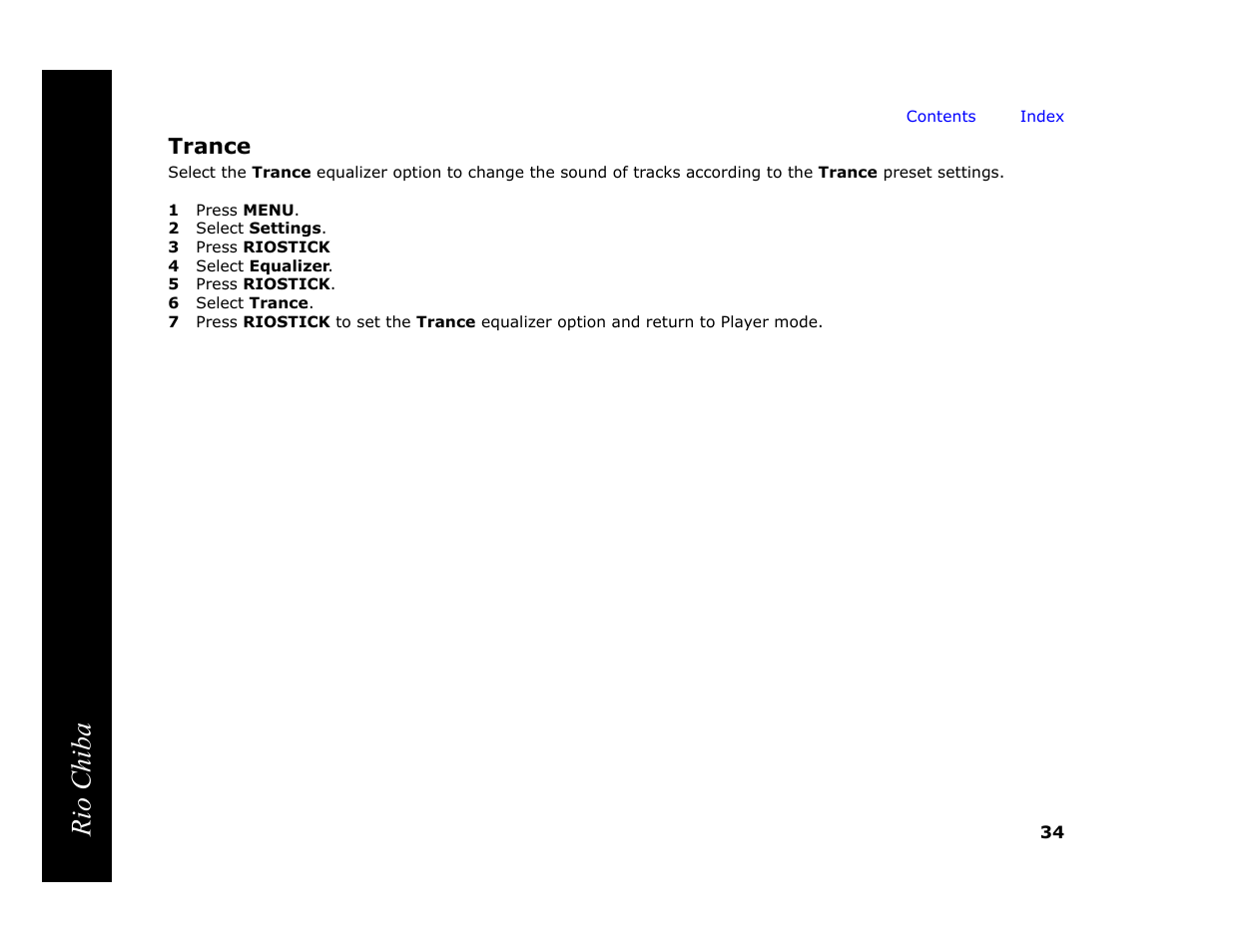 Trance, 1 press menu, 2 select settings | 3 press riostick, 4 select equalizer, 5 press riostick, 6 select trance, Rio chiba | Digital Networks North America Rio Chiba User Manual | Page 38 / 59