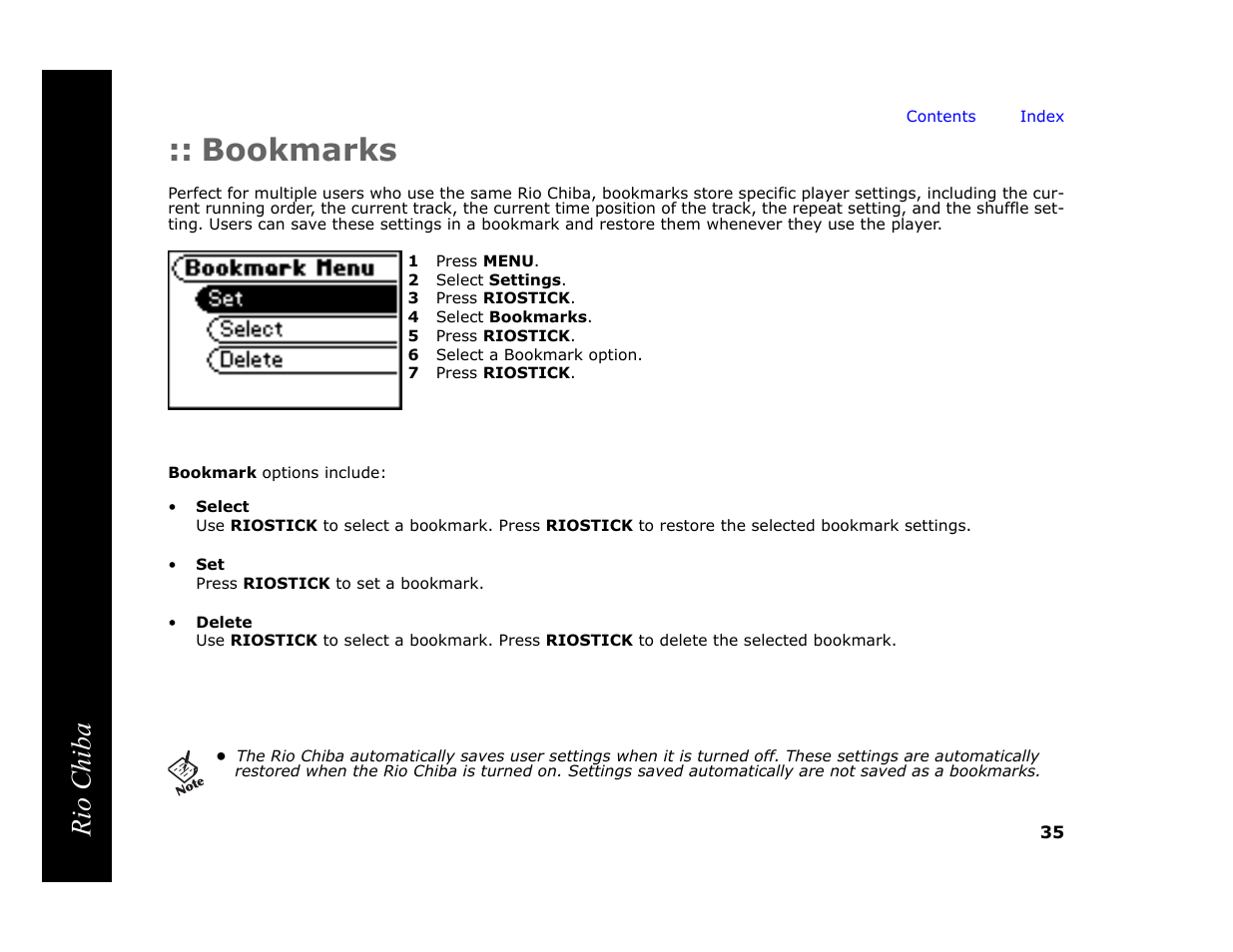 Bookmarks, 1 press menu, 2 select settings | 3 press riostick, 4 select bookmarks, 5 press riostick, 6 select a bookmark option, 7 press riostick, Rio chiba | Digital Networks North America Rio Chiba User Manual | Page 39 / 59